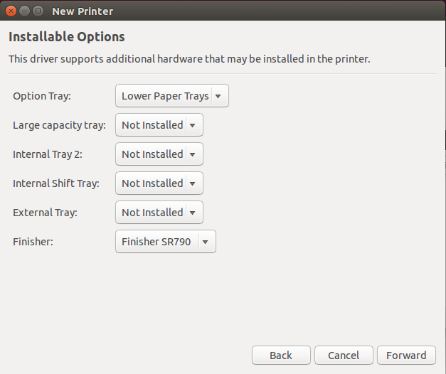 Ubuntu printer installable options window